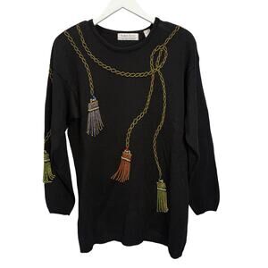 Vintage Karen Scott Beaded Tassel Tunic Sweater Size M Black Christmas Holidays